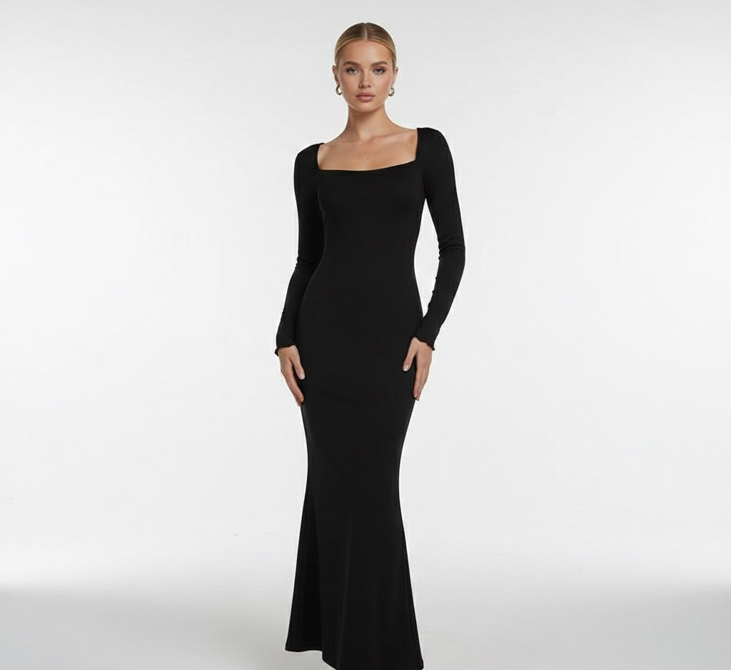 Model wearing Long-Sleeve Square-Neck Classic Maxi Dress